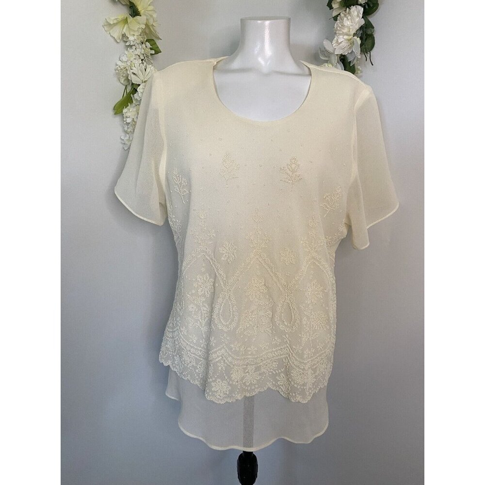 Vintage Top Choice Fashion Beaded Embellished Ivory Blouse Tag Sz XXL Fits L USA